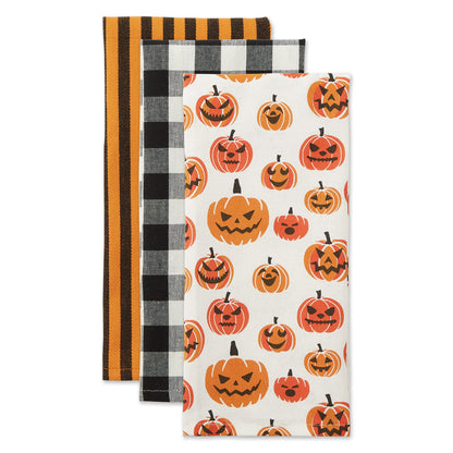 Lot de 3 torchons de cuisine décoratifs DII pour Halloween, motifs effrayants et amusants, coton imprimé, 46 x 71 cm, motif carreaux style buffalo noir et blanc/rayures orange