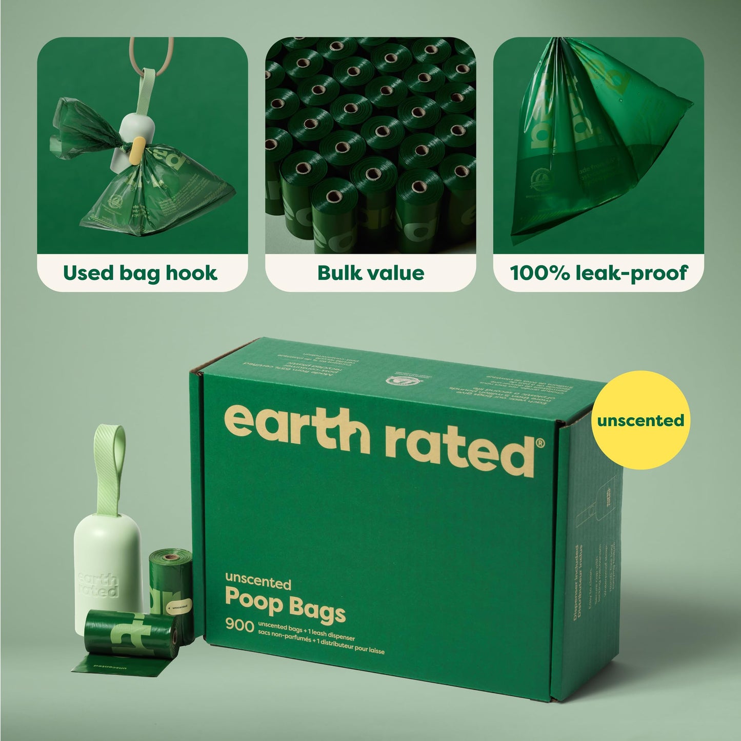 Earth Rated Dog Poop Bag Holder with Dog Poop Bags Rolls, New Look, Durable and Guaranteed Leakproof, Unscented, 1 Dispenser and 900 Bags