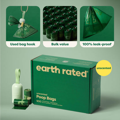 Earth Rated Dog Poop Bag Holder with Dog Poop Bags Rolls, New Look, Durable and Guaranteed Leakproof, Unscented, 1 Dispenser and 900 Bags