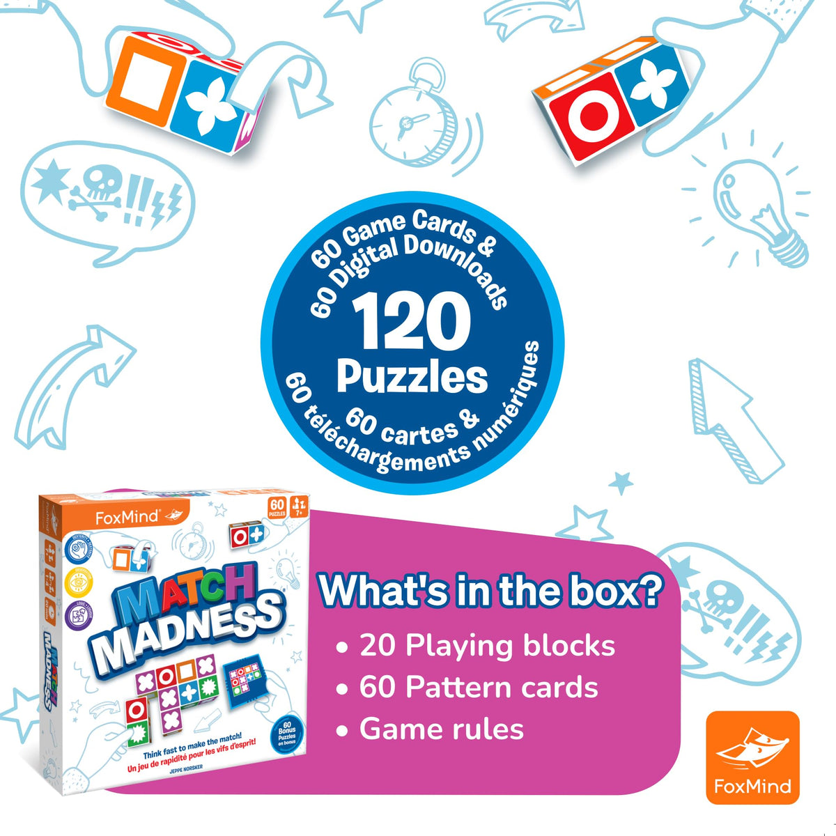 FoxMind Games: Match Madness, Family Board Games for Kids Ages 7 and up, Teens, and Adults. Pattern Block Matching Board Game, Puzzle Game Think Fast to Make The Match, 1 to 4 Players