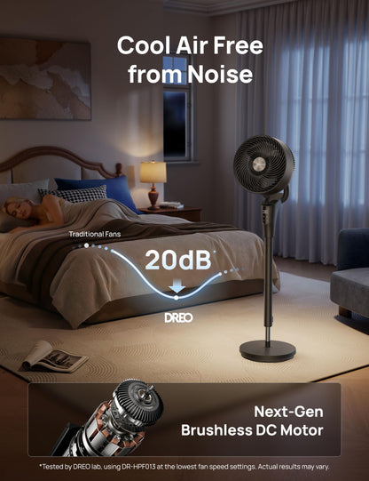 DREO Fan for Bedroom, 90° Oscillating Standing Fan, 20dB Quiet, 90ft Pedestal Fans for Room Office, DC Motor, 8+H Speeds, 3 Modes, 38-42'' Adjustable Height, Remote, 8H Timer, 105° Manual Vertical