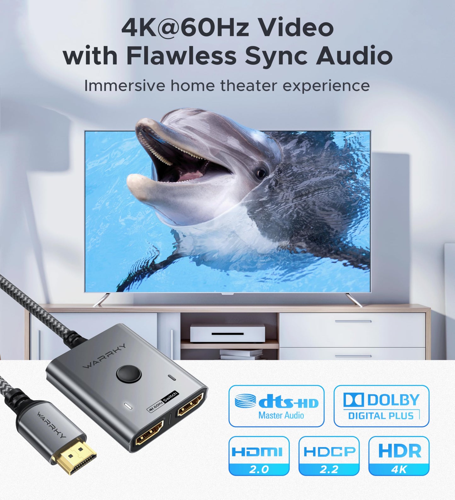 HDMI Switch 4K 60Hz, WARRKY HDMI Switcher 2 in 1 Out [Fixed Braided Cable]