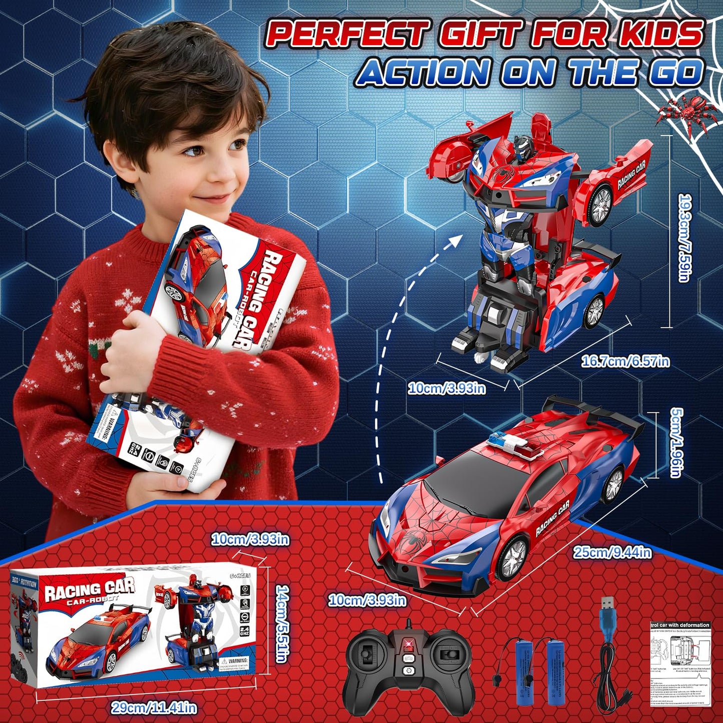Spider Transform Remote Control Cars for Kids - 2.4GHz RC Police Car for 3 4 5 6 7 8 Year Old Boys, 1:18 Scale Robot Toy Car with One-Key Transformation & 360° Rotation, Kids Christmas Birthday Gifts - Available at All In One Marketplace Canada