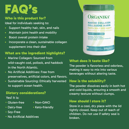 Organika Marine Collagen Powder – 10g Total Serving for Hair, Skin & Nails – Hydrolyzed Collagen Peptides Type 1 from Wild-Caught Fish, Tasteless, Canadian-Made – 250g - Available at All In One Marketplace Canada