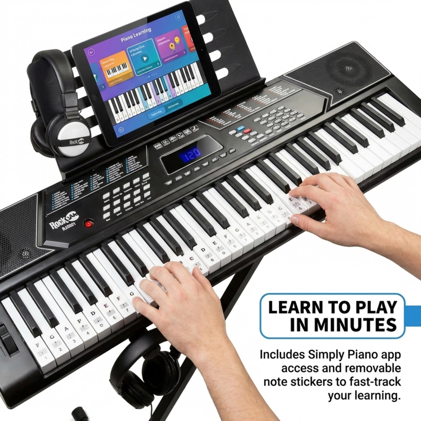 RockJam 61 Key Keyboard Piano With Pitch Bend Kit, Keyboard Stand, Piano Bench, Headphones, Simply Piano App & Keynote Stickers