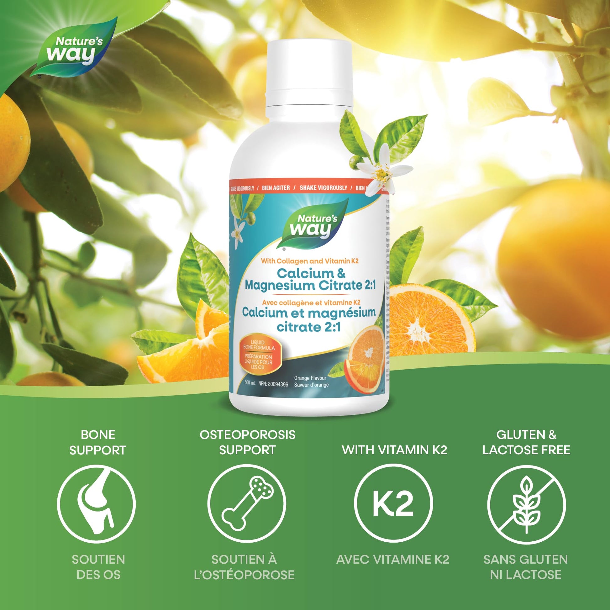 Nature's Way Calcium and Magnesium Citrate 2:1 - Liquid Supplement with Vitamin D3, Vitamin K2 and Collagen – Helps Support the Maintenance of Bones and Teeth – Orange Flavour, 500 mL Nature's Way