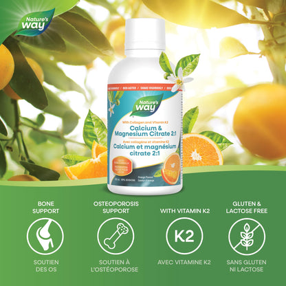 Nature's Way Calcium and Magnesium Citrate 2:1 - Liquid Supplement with Vitamin D3, Vitamin K2 and Collagen – Helps Support the Maintenance of Bones and Teeth – Orange Flavour, 500 mL Nature's Way