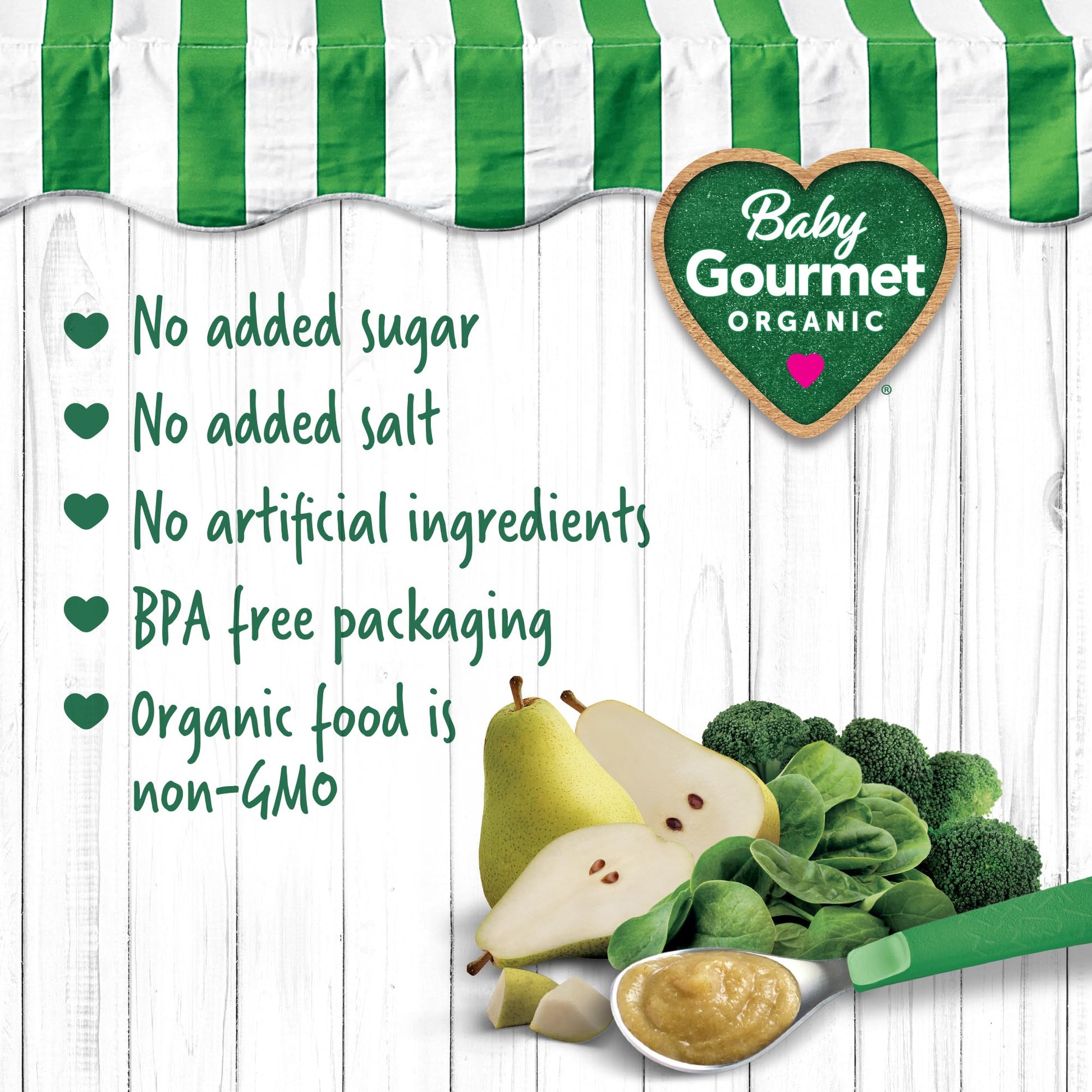 Baby Gourmet Juicy Pear & Garden Greens Purée, 12 × 128 mL Pouches | 6 Months+ | Organic Baby Food | No Added Sugar or Salt | Made in Canada Baby Gourmet