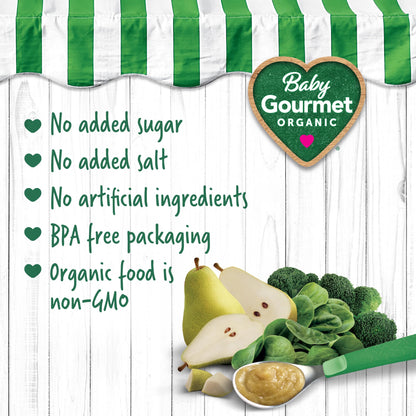 Baby Gourmet Juicy Pear & Garden Greens Purée, 12 × 128 mL Pouches | 6 Months+ | Organic Baby Food | No Added Sugar or Salt | Made in Canada Baby Gourmet