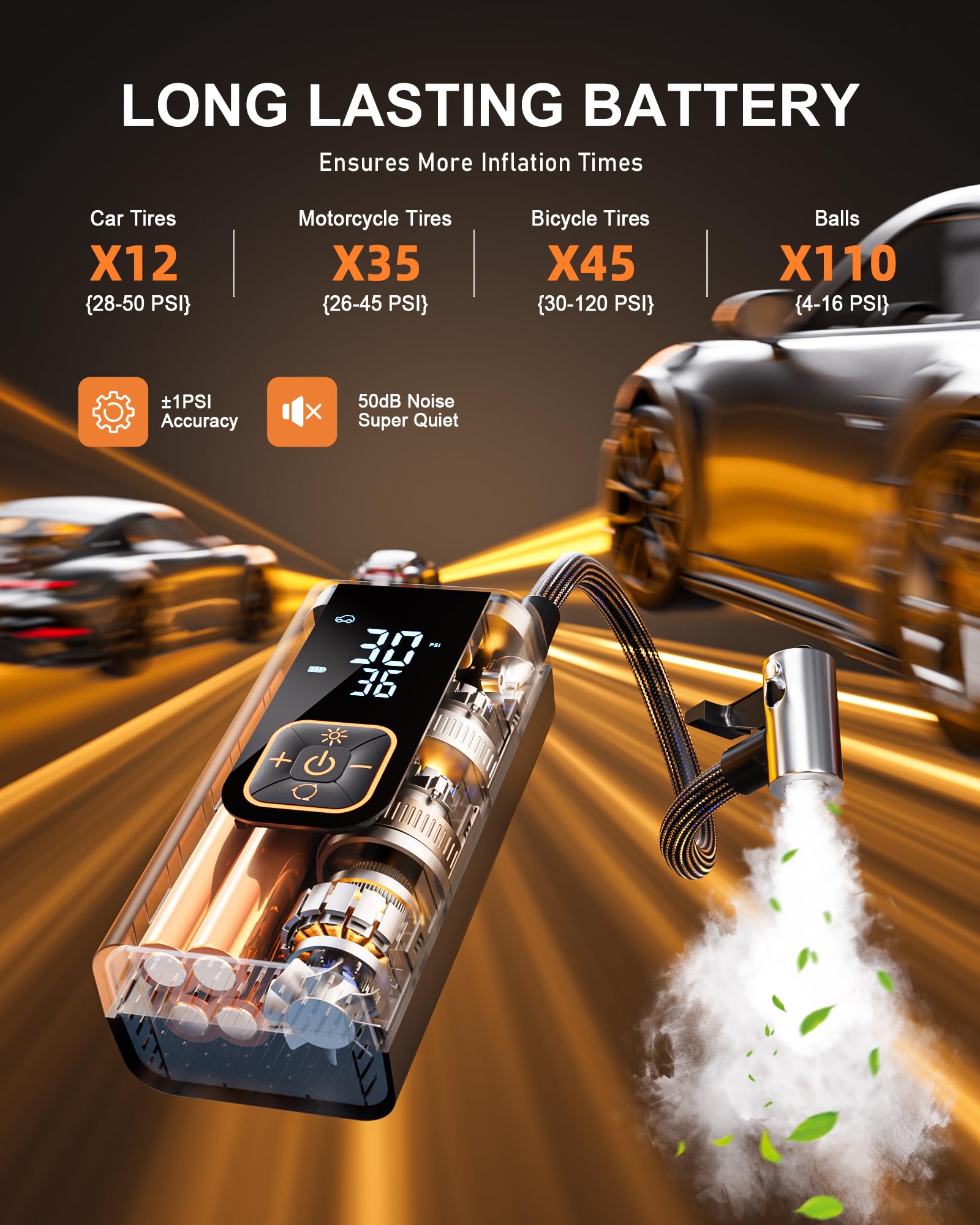 QKMPOM 180PSI Tire Inflator Portable Air Compressor, 6X Faster Air Pump for Car Tires with Digital Pressure Gauge, 12V DC Adapter, LED Light, Portable Tire Inflator for Car, Motorcycle, Bike, Balls