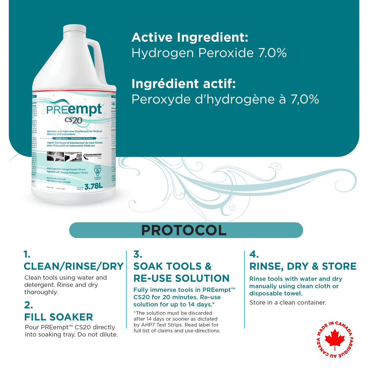 PREempt CS20 Sterilant and High-Level Disinfectant for Reusable Spa, Salon and Nail Tools and Implements (3.78L) (1 Bottle)