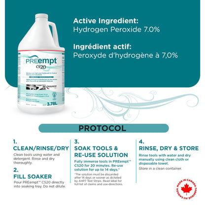 PREempt CS20 Sterilant and High-Level Disinfectant for Reusable Spa, Salon and Nail Tools and Implements (3.78L) (1 Bottle)