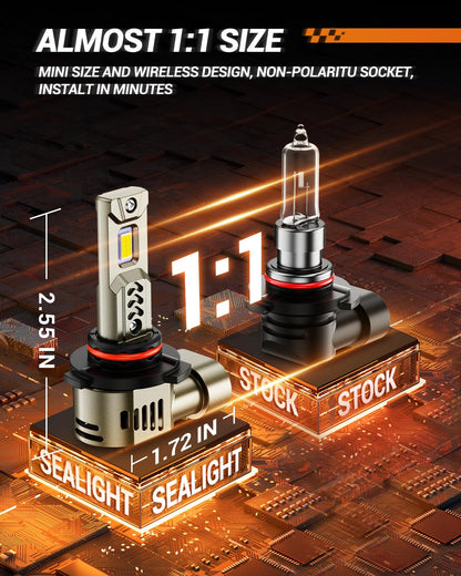 SEALIGHT 2026 Brightest 9005 HB3 LED Headlight Bulbs, 80,000LM 1200% Brighter, 6500K Cool White, 1:1 Halogen Size Wireless, 3 Min Plug and Play Halogen Replacement Conversion Kit, Pack of 2
