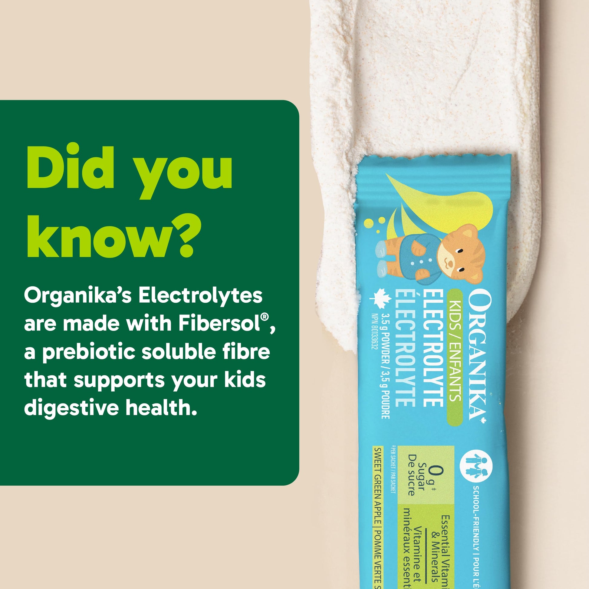 Organika Kids Electrolytes Powder Sticks - Sugar-Free Hydration + Immune support with 100% of daily Vitamin C, Minerals and Prebiotic Fibre | Green Apple Flavour - 3.5g x 20 sachets Organika