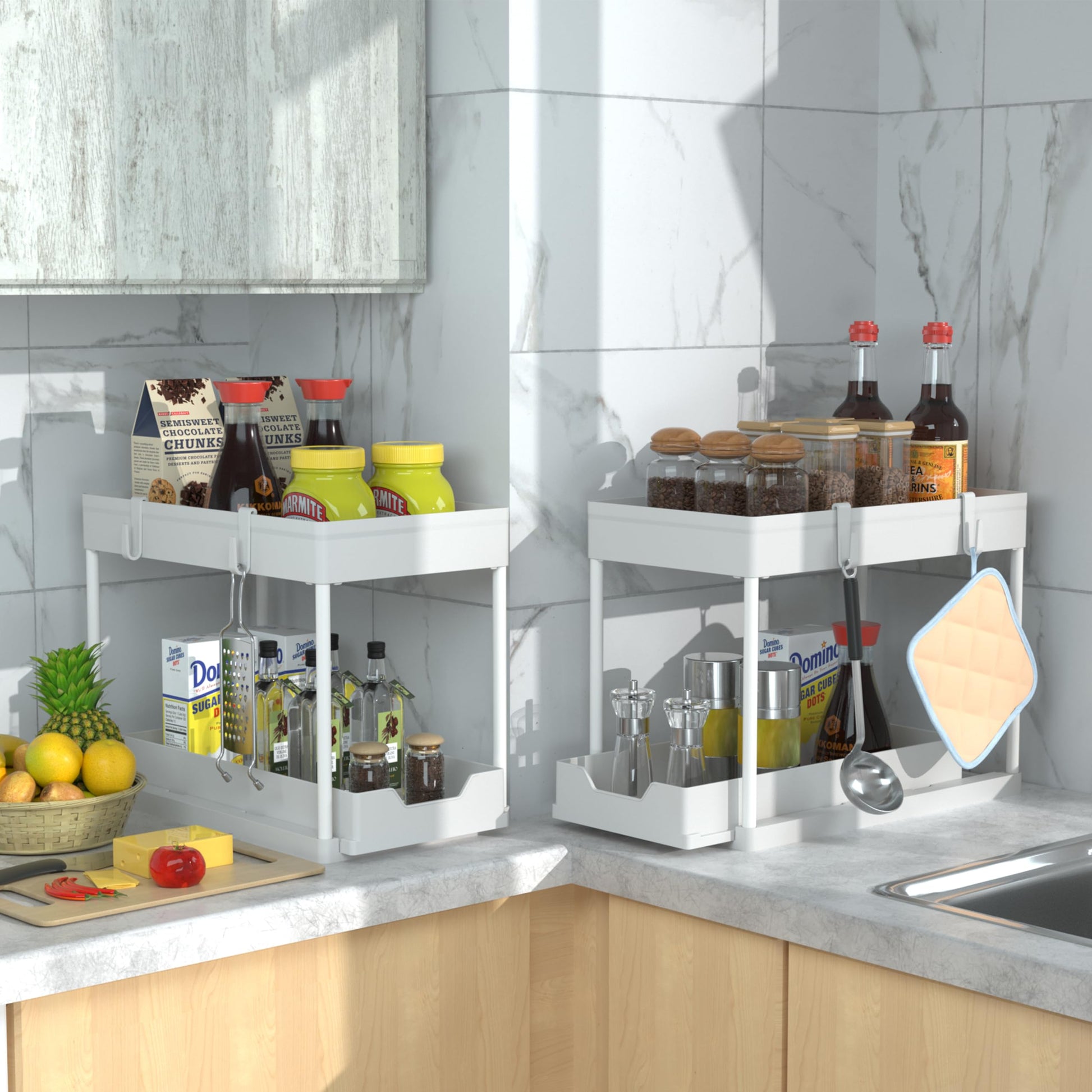 DEKAVA Under Sink Organizer 2 Pack, Bathroom Organizes, 2 Tier Sliding Cabinet Basket Organizer Drawer, Multi-Purpose Bath Collection Baskets for Bathroom (White)