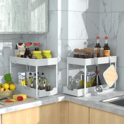 DEKAVA Under Sink Organizer 2 Pack, Bathroom Organizes, 2 Tier Sliding Cabinet Basket Organizer Drawer, Multi-Purpose Bath Collection Baskets for Bathroom (White)