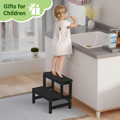 COSYLAND Bamboo Step Stool, Two Step Stools Toddler 300 lbs Capacity with Safety Non-Slip Pads, Bamboo Step Stool for Bathroom, Kitchen Dual Height Step Stools for Kids (Black) 🍁 All In One Marketplace Canada