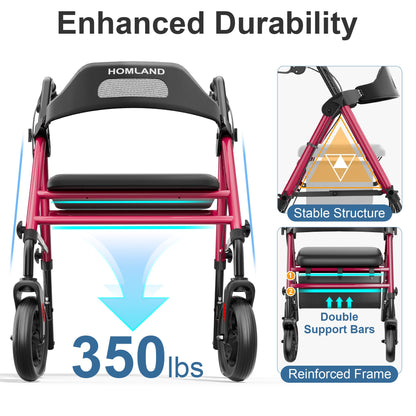 HOMLAND Foldable Rollator Walkers with Seat for Seniors, 8'' Big Wheels, 350 lb. Weight Capacity, Adjustable Handles and Seat Height, Lightweight Rolling Walker, Red - Available at All In One Marketplace Canada