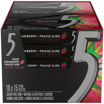 5 Gum Strawberry-Flood Flavoured Sugar Free Chewing Gum, 15 Sticks, 10 Packs - Available at All In One Marketplace Canada