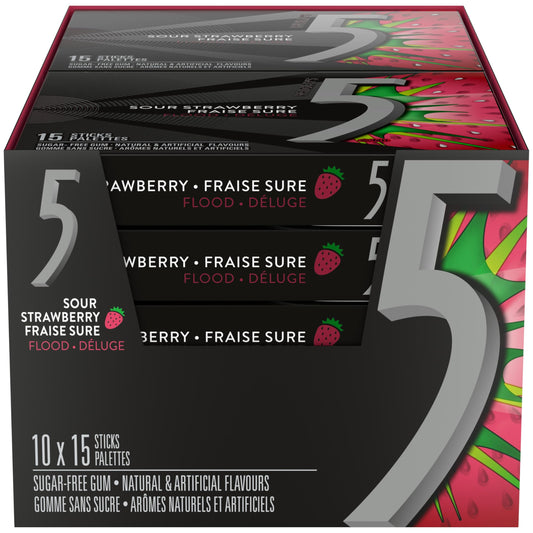 5 Gum Strawberry-Flood Flavoured Sugar Free Chewing Gum, 15 Sticks, 10 Packs - Available at All In One Marketplace Canada