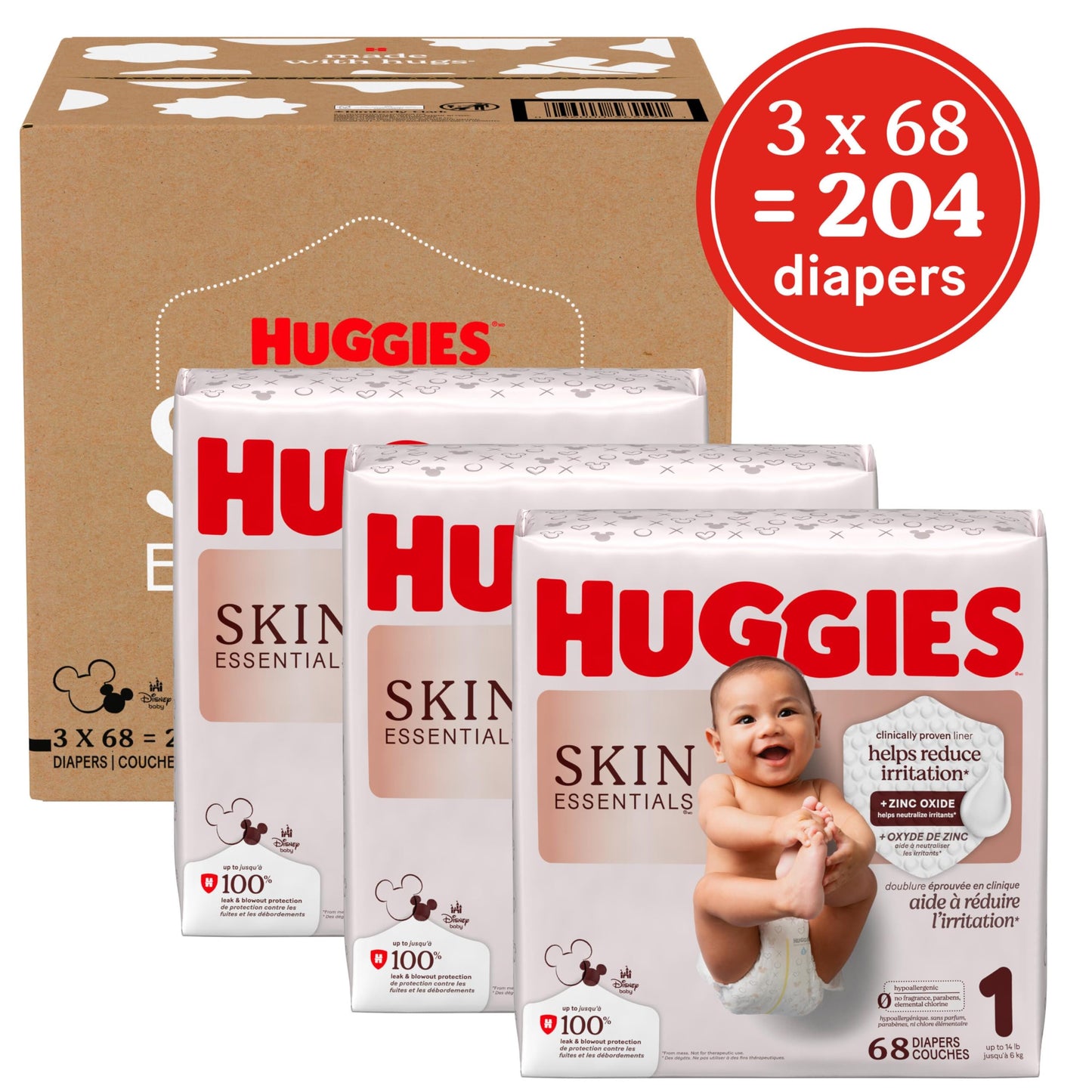 Huggies Size 1 Diapers, Skin Essentials Baby Diapers, Size 1 (8-14 lbs), 204 Count (3 Packs of 68), Packaging May Vary