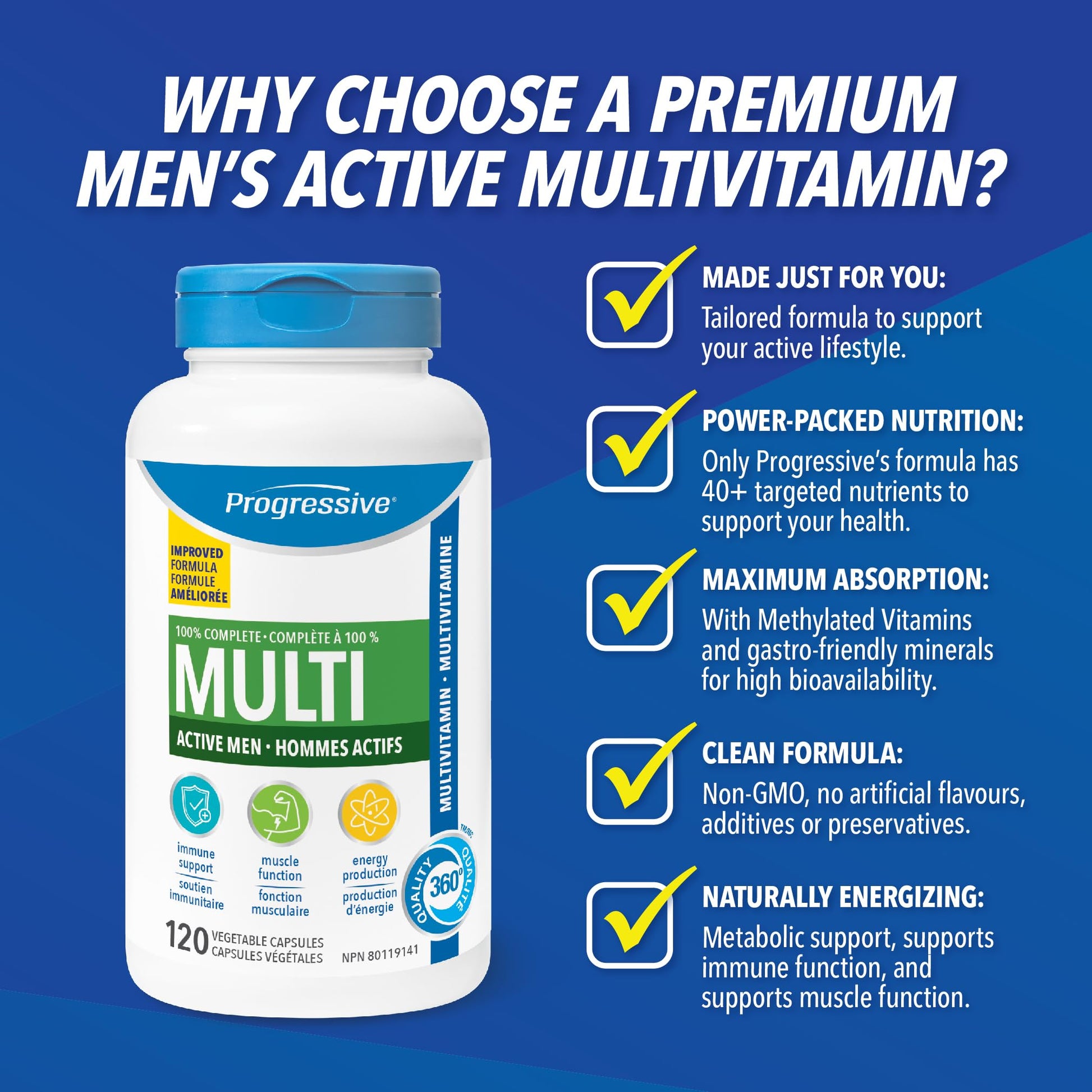 Progressive Advanced Daily Multivitamin for Active Men, with Quercetin, Maca, Ashwagandha, and Siberian Ginseng. Supports Immune Health, Muscle Function, and Energy, 100% Complete, Canadian-Made 120 Count - Available at All In One Marketplace Canada