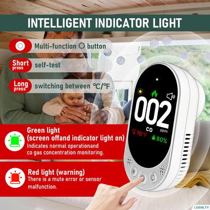 LSENLTY Carbon Monoxide Detector Plug in, Portable CO Monitor for Travel, Air Quality Detector Check CO, Temp and Humidity, HD Screen&Indicator, Visual&Audible Alert for Camping Travel