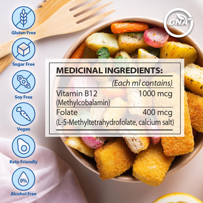 GNA Naturals Kids Vitamin B12 with Folate Supplement, 60ml - VitaminB12 Methylcobalamin 1000 mcg - Liquid Drops for Kids - Cherry Flavour- Methyl B12 Folate Supplement - Vitamin-B12-Complex – Vegan – For energy, metabolism and supports memory– Made in Can - Available at All In One Marketplace Canada