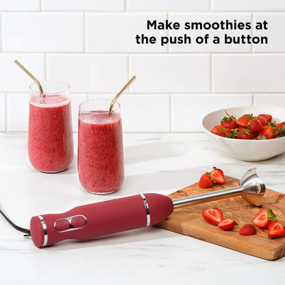 Chefman Immersion Blender, 300W Hand Blender with Stainless Steel Blades, Powerful Electric Ice Crushing 2-speed Control Handheld Food Mixer, Purées, Smoothies, Shakes, Sauces & Soups, Red Chefman