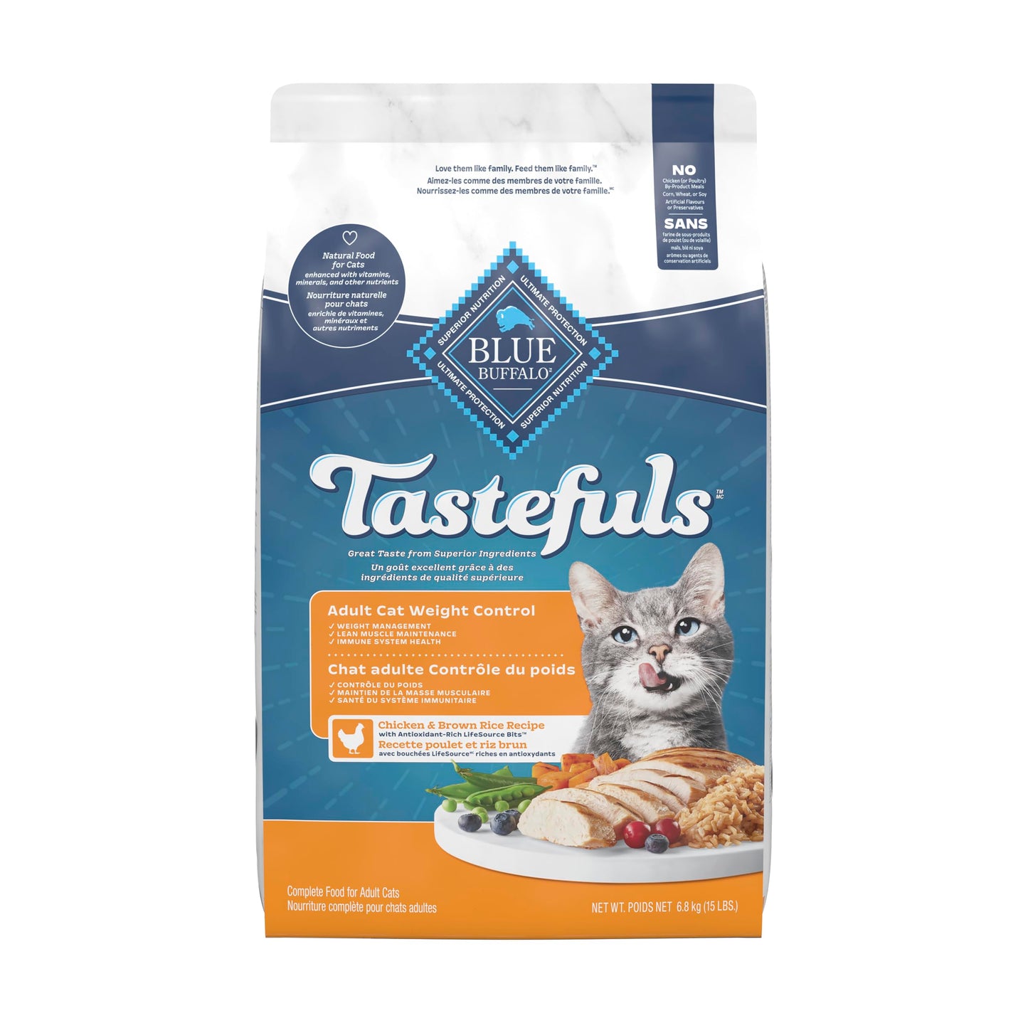 Blue Buffalo Tastefuls Chicken & Brown Rice Recipe Adult Dry Cat Food Weight Control, Real Chicken First, Deliciously Healthy Natural Cat Food, Supports Digestive Care and Coat Health, 15 lbs.