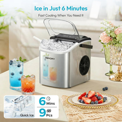 EUHOMY Countertop Ice Maker Machine with Handle, 26lbs Per Day, 9 Ice Cubes Ready in 6 Mins, Auto-Cleaning Portable Ice Maker with Basket and Scoop, for Home/Kitchen/Camping/RV (Silver)