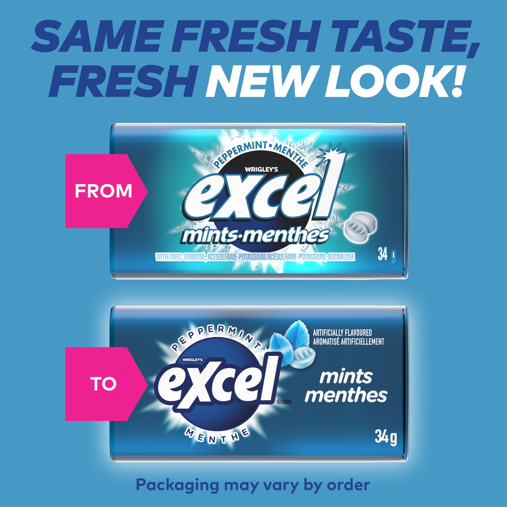 EXCEL, Peppermint Flavoured Mints, 34g, Tin, 8 Packs - Available at All In One Marketplace Canada
