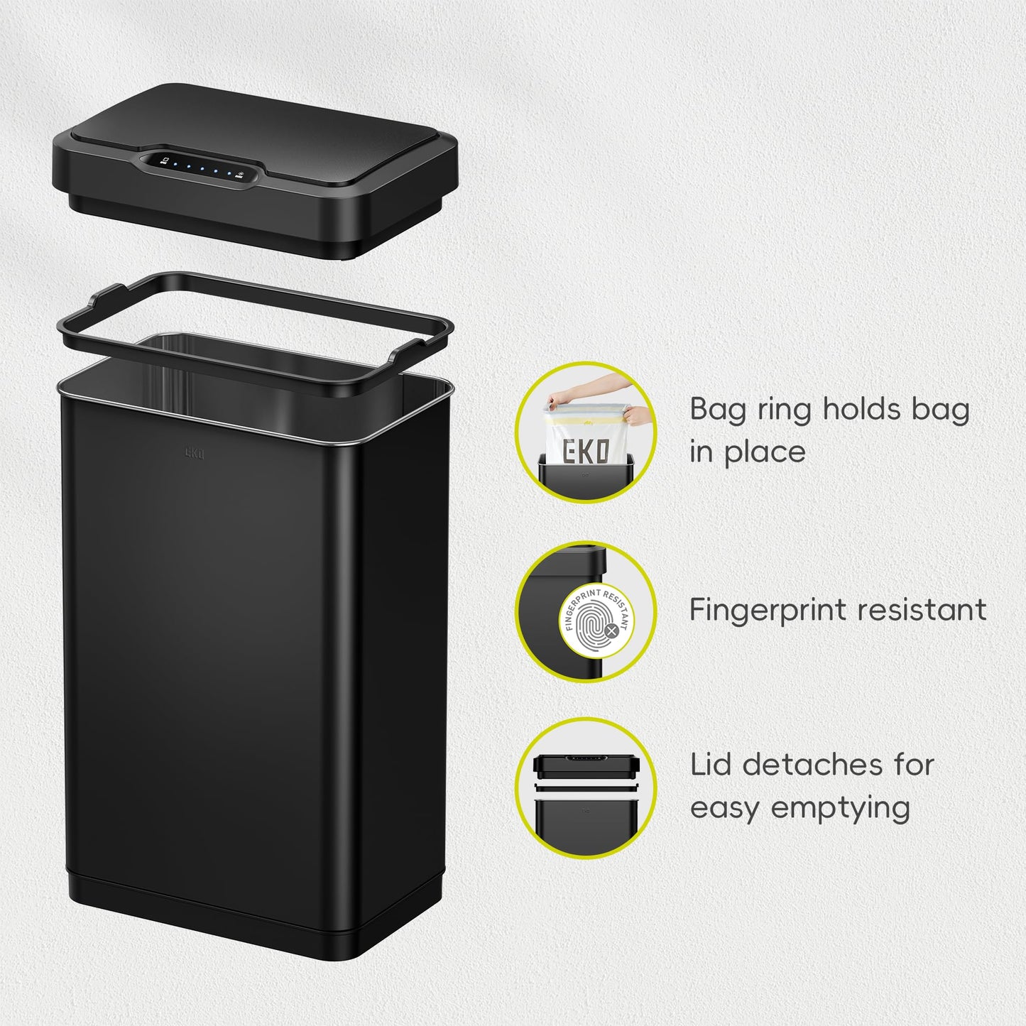 EKO Mirage-T 50 Liter / 13.2 Gallon Touchless Rectangular Motion Sensor Trash Can, Brushed Stainless Steel Finish 🍁 All In One Marketplace Canada