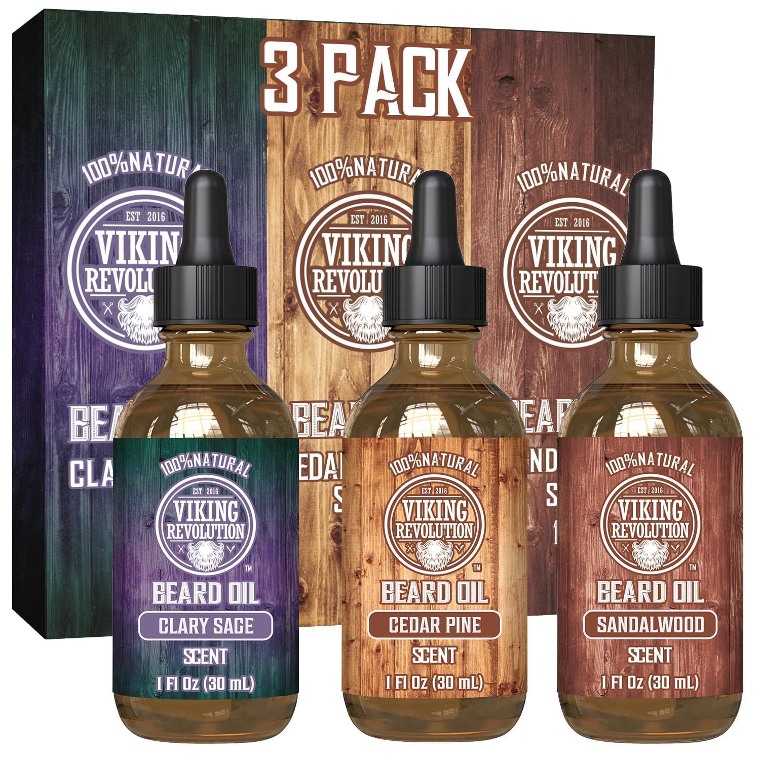 Viking Revolution - Beard Oil - All Natural Variety Sandalwood, Pine & Cedar, Clary Sage - Gifts For Men - Conditioning and Moisturizing - Valentines Day Gift for Him - 3 x 30 ml