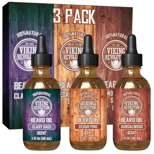Viking Revolution - Beard Oil - All Natural Variety Sandalwood, Pine & Cedar, Clary Sage - Gifts For Men - Conditioning and Moisturizing - Valentines Day Gift for Him - 3 x 30 ml
