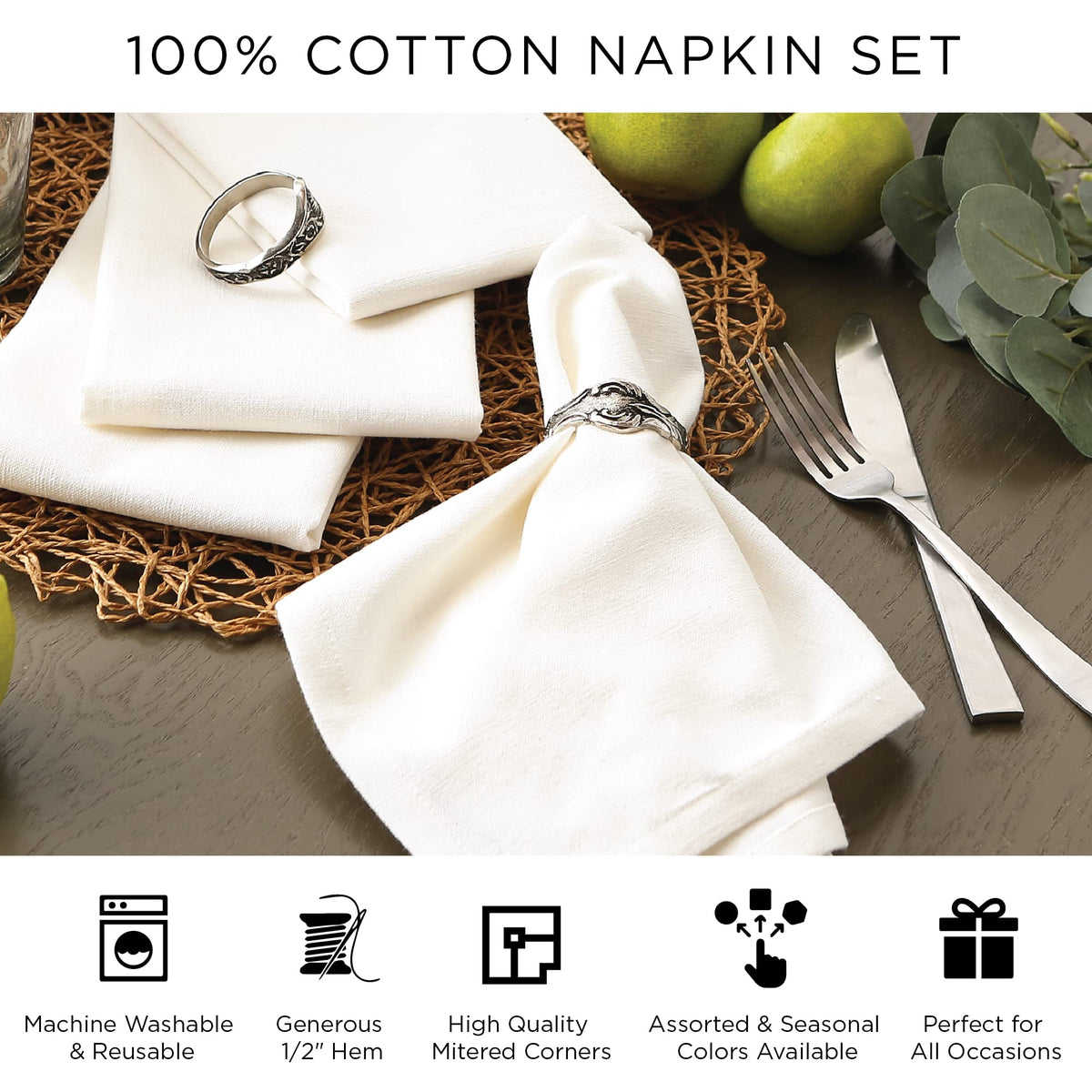Serviette de table en coton surdimensionnée DII 51 x 51 cm, lot de 6, gris - Parfait pour Halloween, les dîners, les barbecues, les mariages, les fêtes et pour un usage quotidien