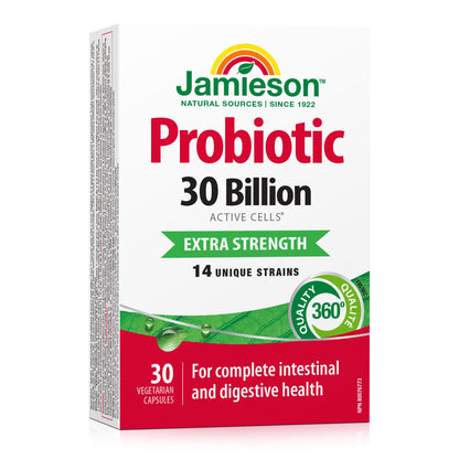Jamieson Probiotic 30 Billion CFU, Extra Strength, 30 Vegetarian Capsules. Supports Digestive Health & Intestinal Health. 14 Unique Strains, Including Lactobacillus and Bifidobacterium, Non-GMO