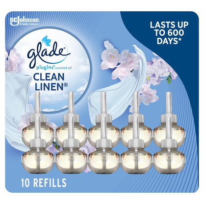Glade PlugIns Air Freshener Oil Refill, Scented and Essential Oils for Home and Bathroom, Clean Linen, 10 Refills