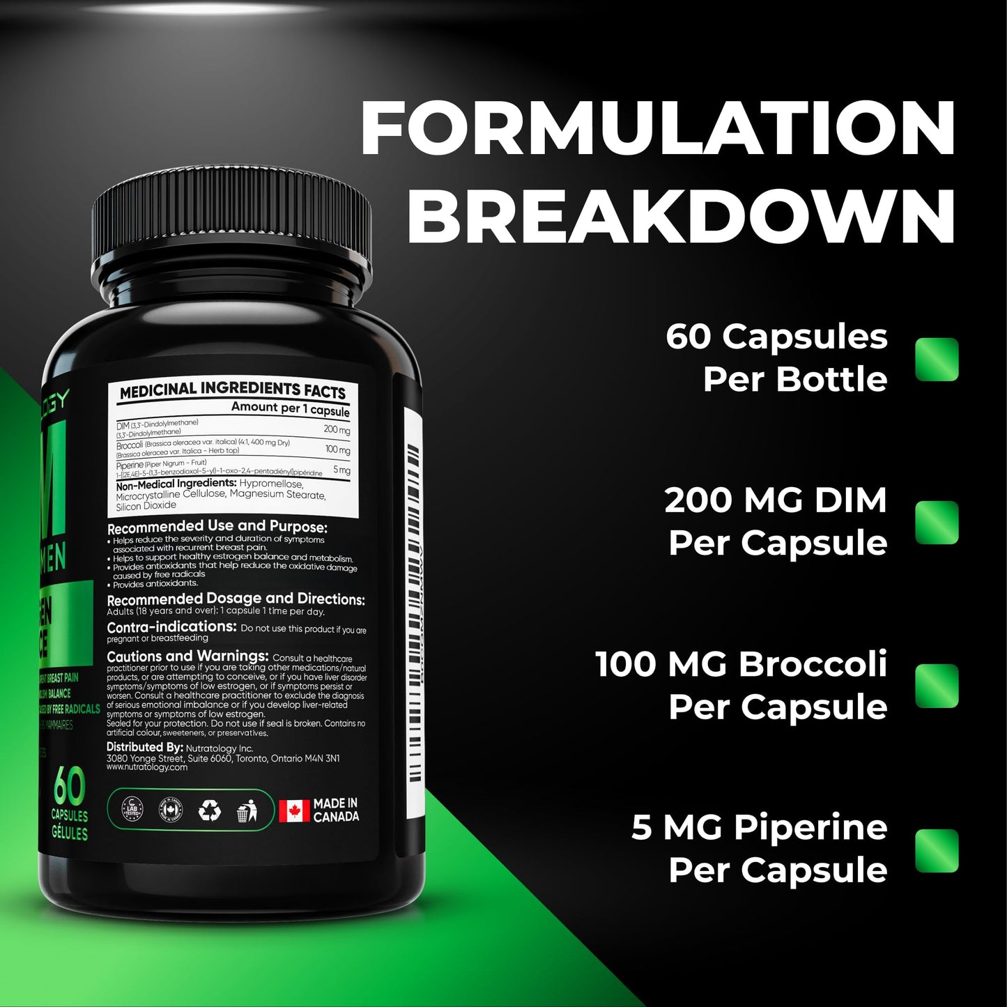 Nutratology® DIM Supplement For Women | Canadian-Made | Promotes Estrogen Balance & Metabolism - 200MG Per Capsule - Estrogen Supplements For Women | W/Black Pepper For Enhanced Absorption - 60 Caps - Available at All In One Marketplace Canada