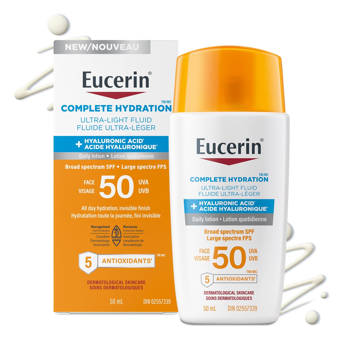 Eucerin Complete Hydration Ultra-Light Fluid Sunscreen, Daily Face Sunscreen SPF 50 With Hyaluronic Acid, Body SPF 50 Lotion with UVA-UVB Sun Protection, Fragrance Free & Non Greasy, 50 ml - Available at All In One Marketplace Canada