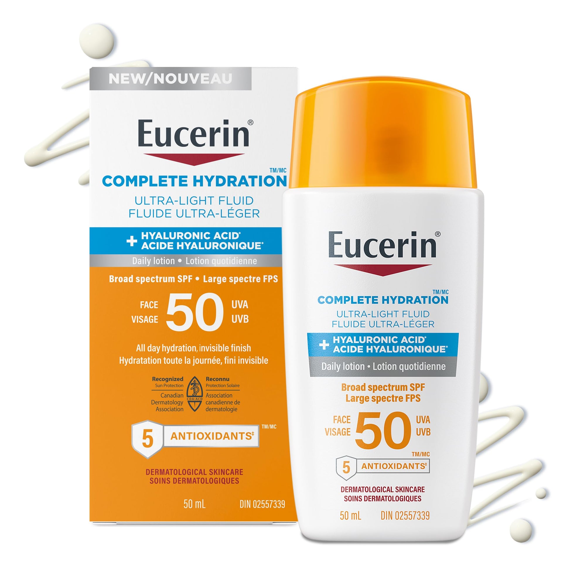 Eucerin Complete Hydration Ultra-Light Fluid Sunscreen, Daily Face Sunscreen SPF 50 With Hyaluronic Acid, Body SPF 50 Lotion with UVA-UVB Sun Protection, Fragrance Free & Non Greasy, 50 ml - Available at All In One Marketplace Canada