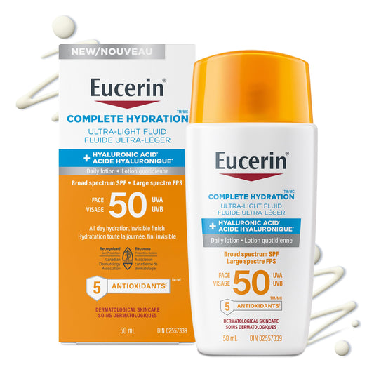 Eucerin Complete Hydration Ultra-Light Fluid Sunscreen, Daily Face Sunscreen SPF 50 With Hyaluronic Acid, Body SPF 50 Lotion with UVA-UVB Sun Protection, Fragrance Free & Non Greasy, 50 ml - Available at All In One Marketplace Canada