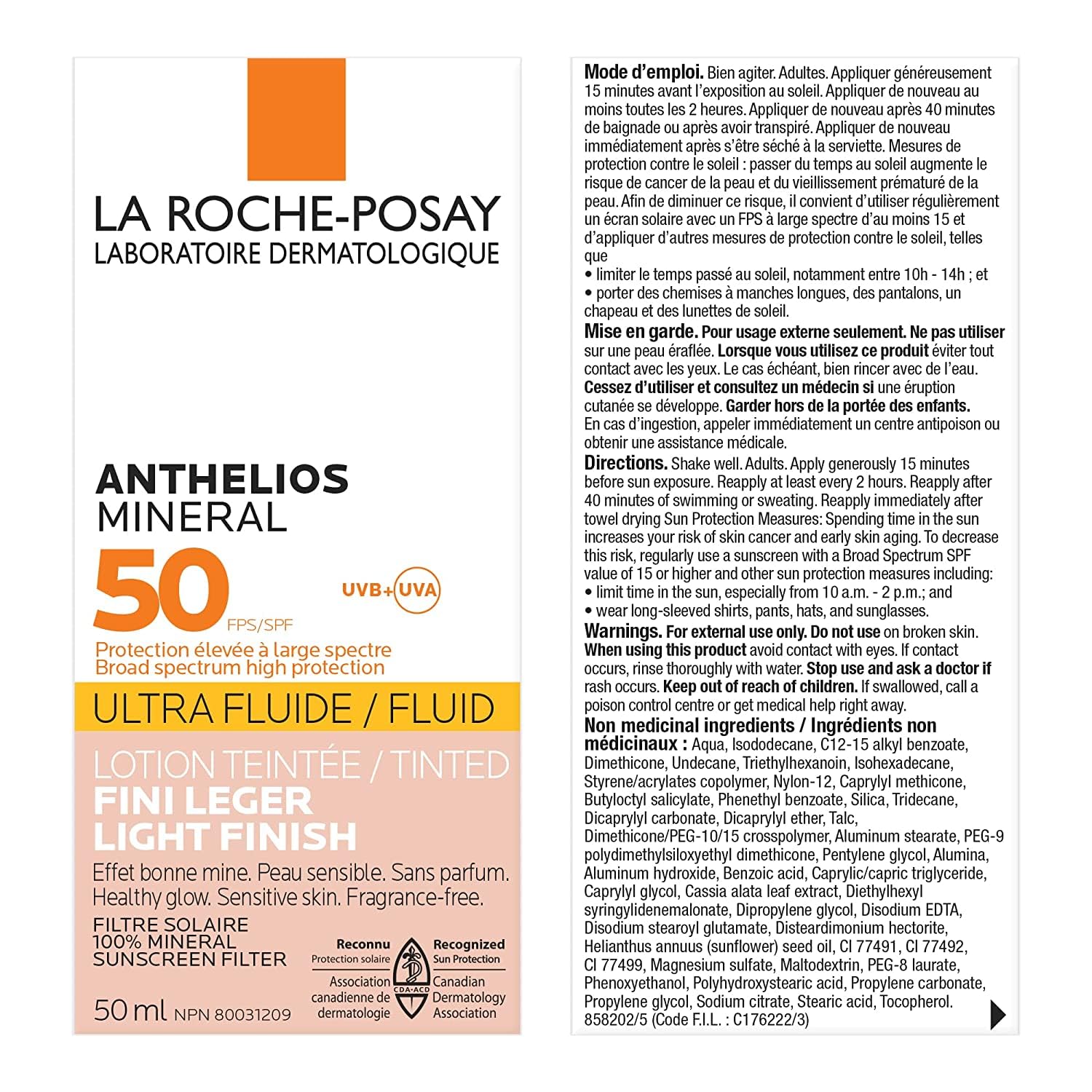 La Roche-Posay Face Sunscreen, Anthelios Tinted Mineral Ultra-Fluid SPF 50 Lotion UVA-UVB Sun Protection, Titanium Dioxide, 100% Mineral Filter, Fragrance Free, Water Resistant. Travel Size, 50ml