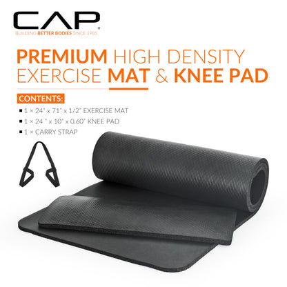 CAP Barbell Yoga Mat 1/2" Thick with Carrying Strap & Knee Pad - High Density Exercise Mat for Yoga, Pilates, Stretching, Floor & Fitness Workouts - 71''x24''x1/2" | Black
