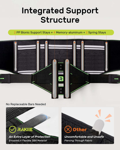 Rakiie Back Brace for Lower Back Pain Relief, 8X Powerful Lumbar Support with 3D Support Pad, Breathable Back Support Belt for Men Women, Green Size L