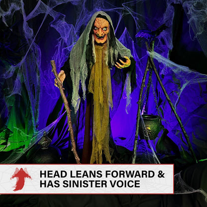 Haunted Hill Farm Life-Size Scary Poseable Talking Witch, Halloween Animatronic with Touch Activated Lights and Sound, Battery Operated Indoor or Covered Outdoor Halloween Decorations, Halloween Prop