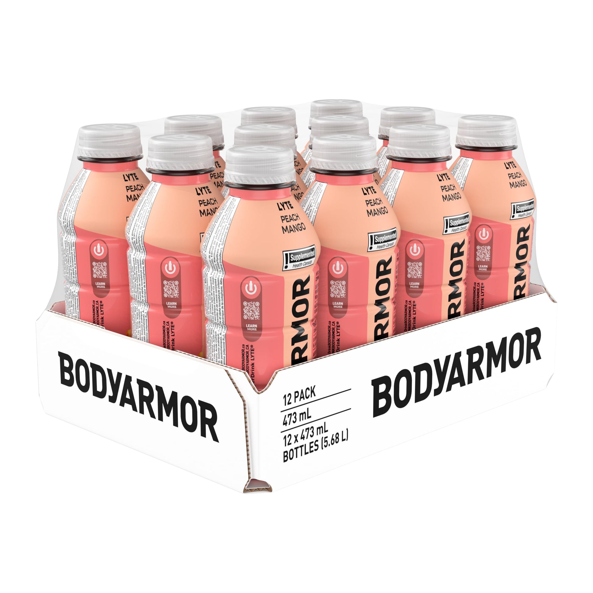 BODYARMOR Lyte Peach Mango Sports Hydration Drink – 473 mL Bottles, 12-Pack with Coconut Water & Electrolytes