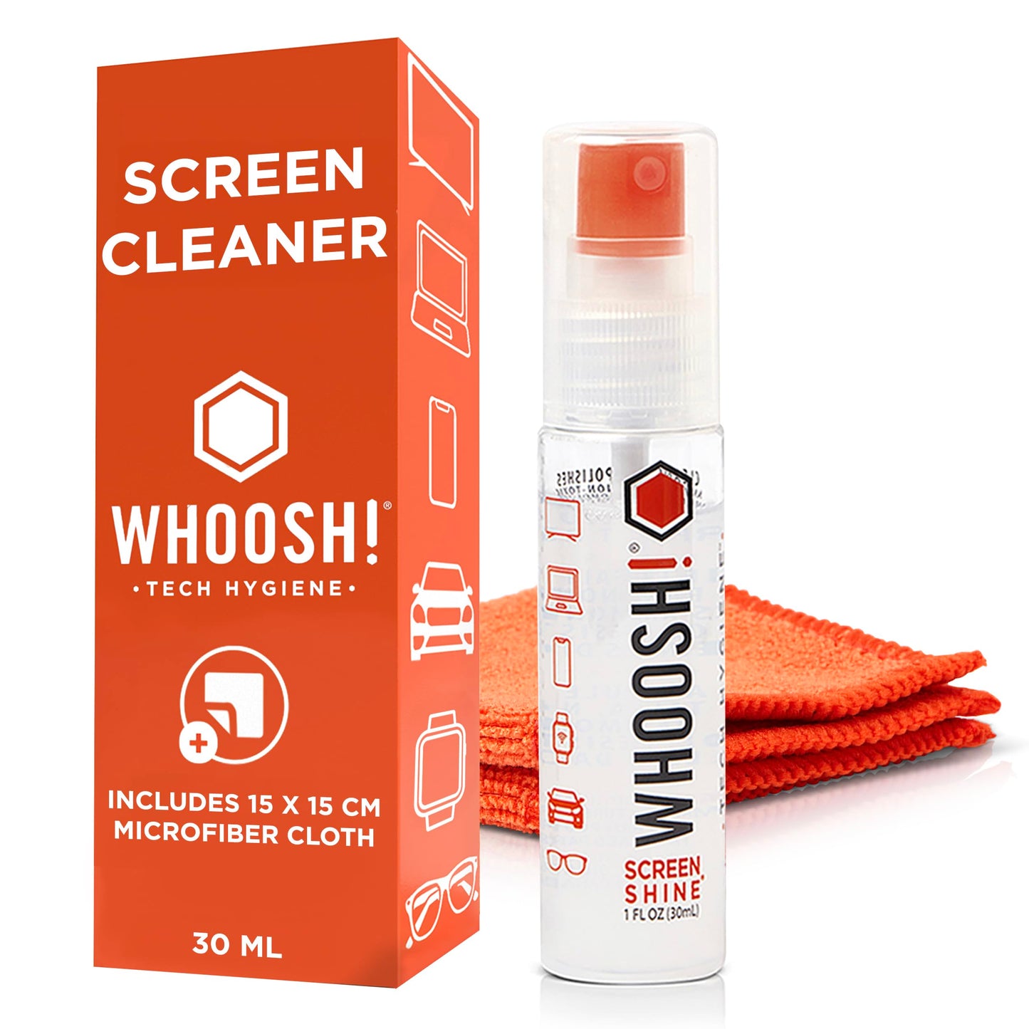 WHOOSH! Screen Shine Go 30 ml – Refillable Laptop Cleaner, Safe Streak-Free Glasses Cleaning Spray for TV, OLED, MacBook, Monitor or Car, Includes 15x15 cm PROTX2 Microfiber Cloth - Available at All In One Marketplace Canada