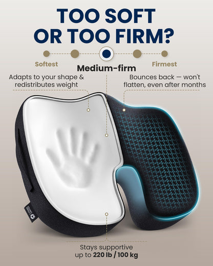 5 STARS UNITED Seat Cushion - Memory Foam Chair Cushion for Tailbone Pain Relief - Ergonomic Support for Coccyx, Sciatica & Butt - Office, Desk & Gaming Chair, Car Seat, Wheelchair, Airplane, Black