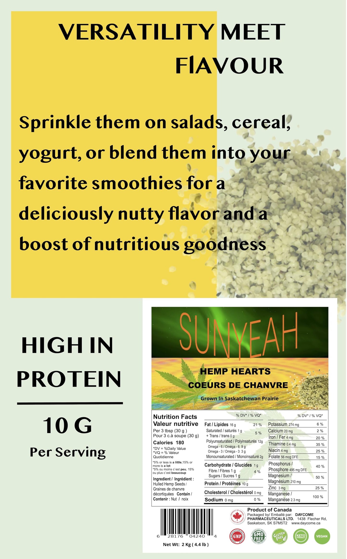 SUNYEAH Hemp Hearts - 2 kg Hulled Hemp Seeds from Saskatchewan, 12g Omega-3 & 6 per Serving, Non-GMO Vegan Keto